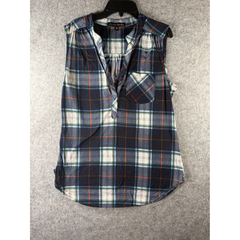 Always Indigo Womens Sleeveless Plaid Henley Top Navy Green Orange Medium